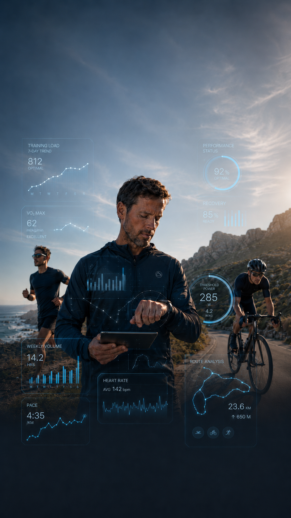 Coach di endurance consulta dati di performance con runner e ciclista in allenamento